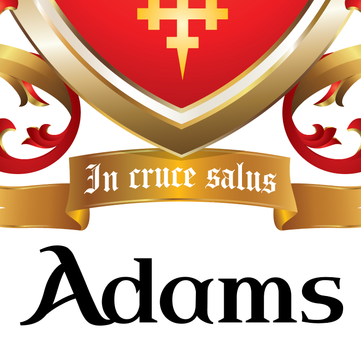 Adams-Family-Crest Coat of arms close up featuring a red and gold heraldic shield with a gold cross, a gold banner reading 'In cruce salus', and the word 'Adams' in large black script below on a white background.