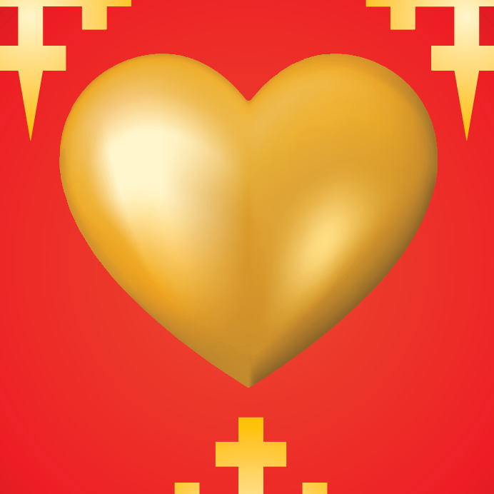 Adams-Family-Crest Coat of arms close up of gold heart centered on a bright red background with small gold cross motifs in the corners and bottom center.