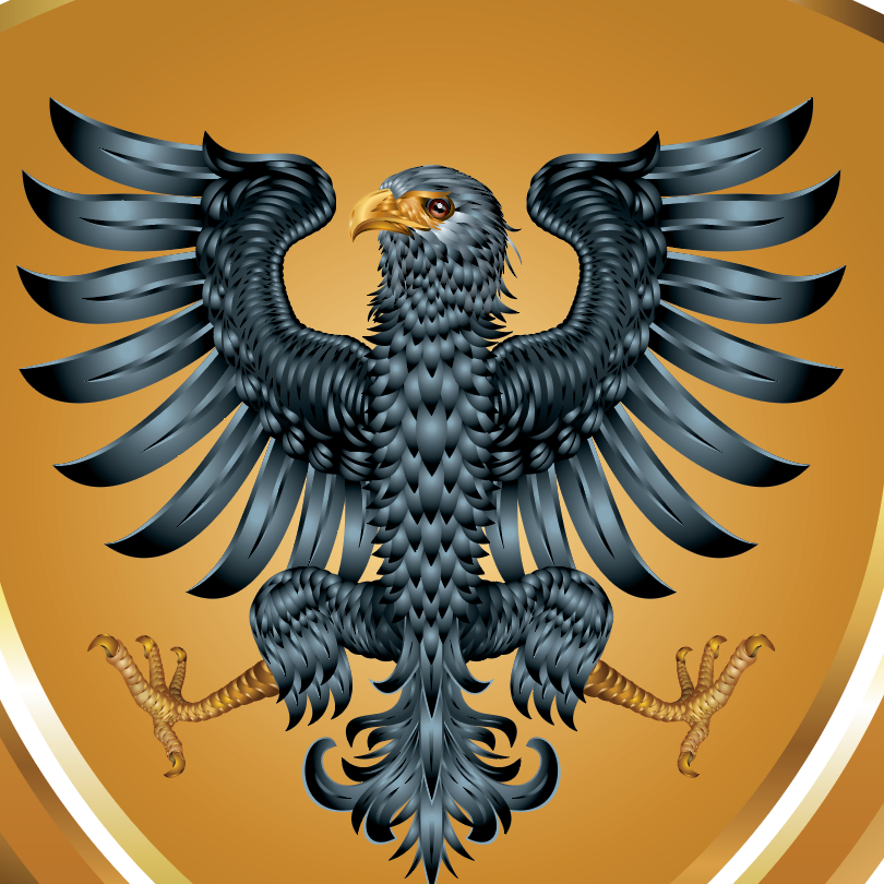 A close-up of the Aguilar family crest featuring a black eagle with spread wings and a gold beak, centered on a warm gold background with a circular border.