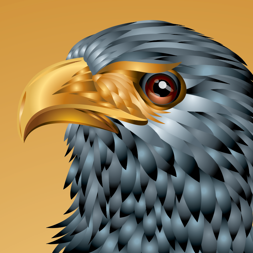A close-up of the Aguilar family crest featuring an eagle's head in profile, with detailed gray and black feathers, a gold beak, and a brown eye, set against a solid golden-yellow background.