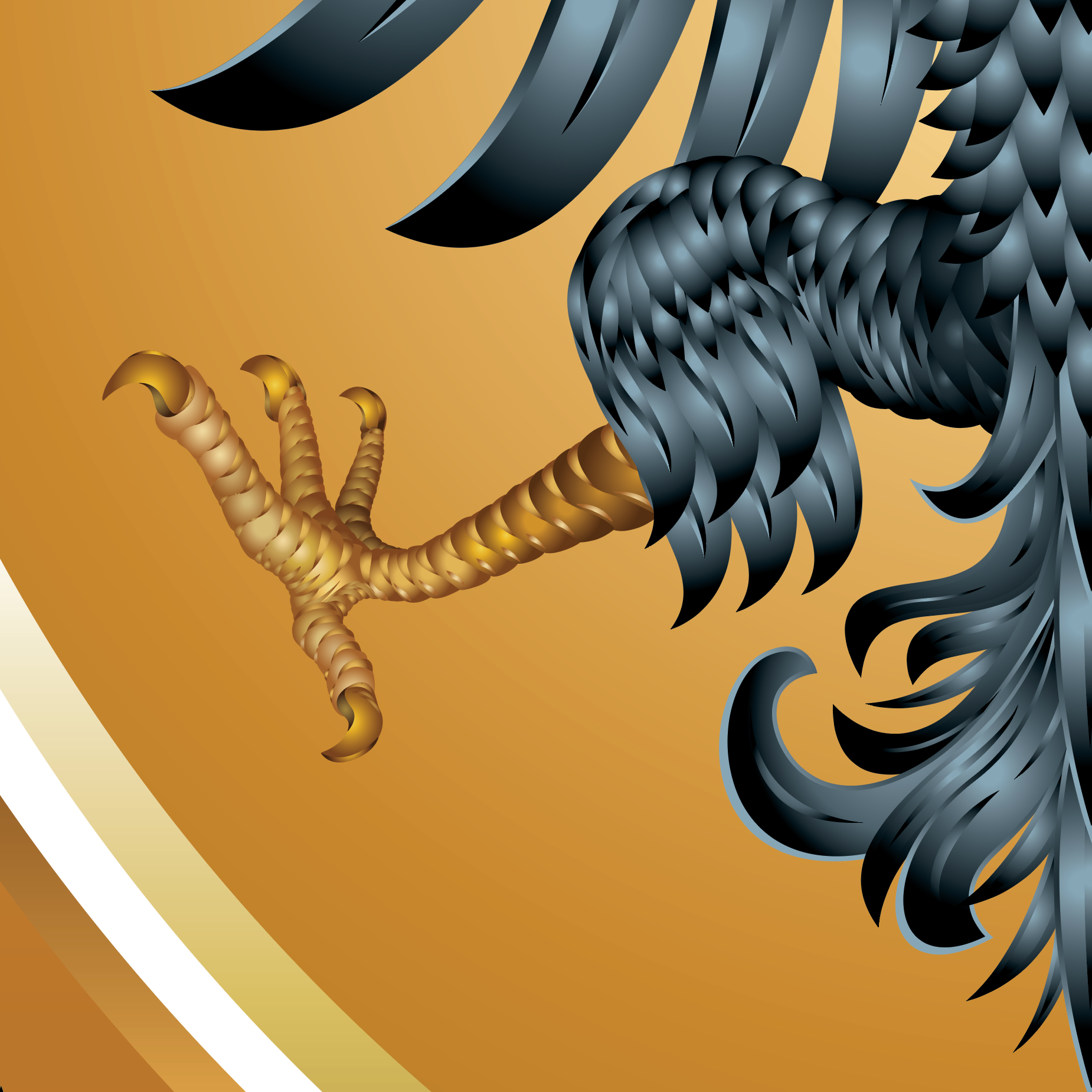 A close-up of the Aguilar family crest featuring a part of a black feathered eagle body and wing with a golden-brown talon claw against a warm gold background.
