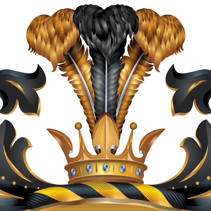 A close-up of the Aguilar family crest featuring a gold crown, three tall feathers in black and gold, and black scrollwork with gold accents on a white background.