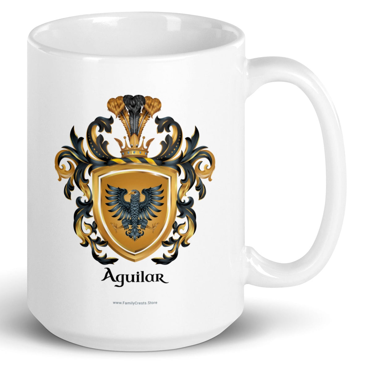 Aguilar Family Crest mug with black eagle on a gold shield 