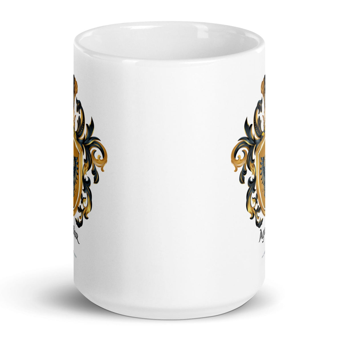 Aguilar Family Crest mug with coat of arms showing on two sides