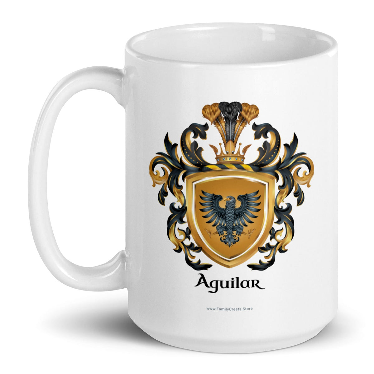 Aguilar Family Crest mug with a black eagle on a golden shield - Family Crests Store