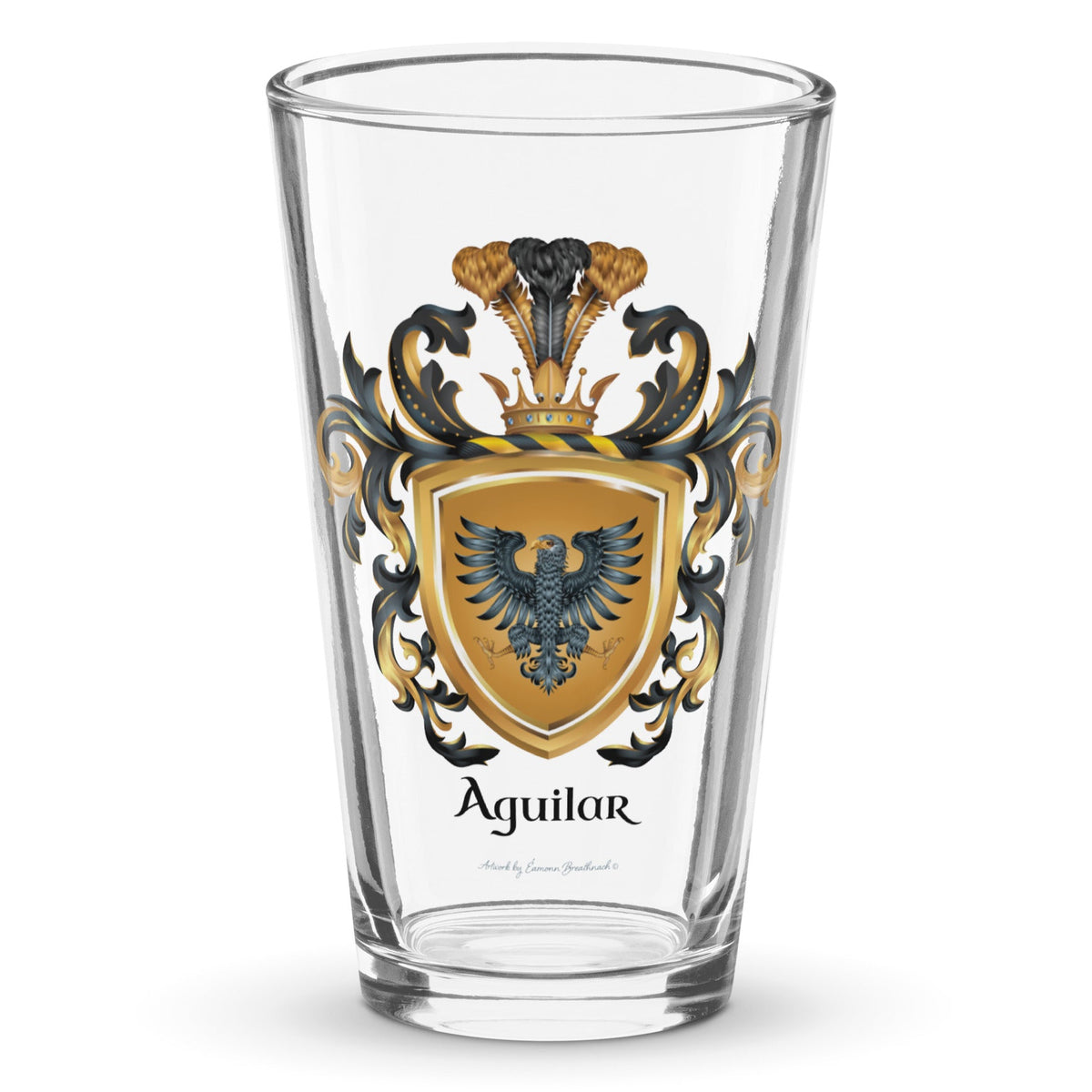 Aguilar Family Crest pint beer glass with a black eagle on a golden shield - Family Crests Store