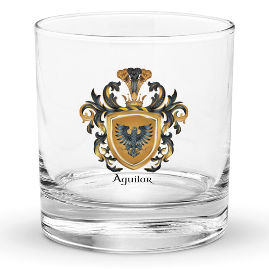 Aguilar Family Crest rocks glass with a black eagle on a golden shield - Family Crests Store
