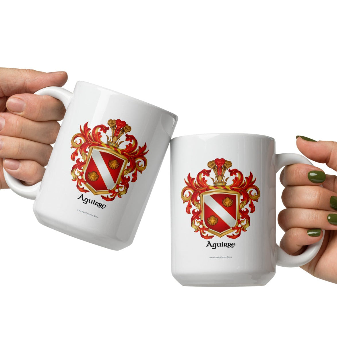 Two hands holding white Aguirre family crest mugs in a cheers gesture