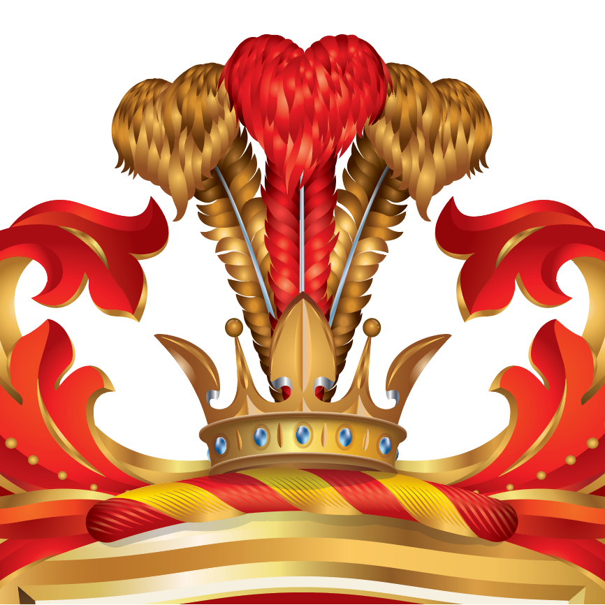 Close up of Aguirre decorative royal  crown emblem with a red heart-shaped feather at the top, flanked by gold feathers, blue jewel accents, and bold red and gold ribbon-like flourishes on a white background.
