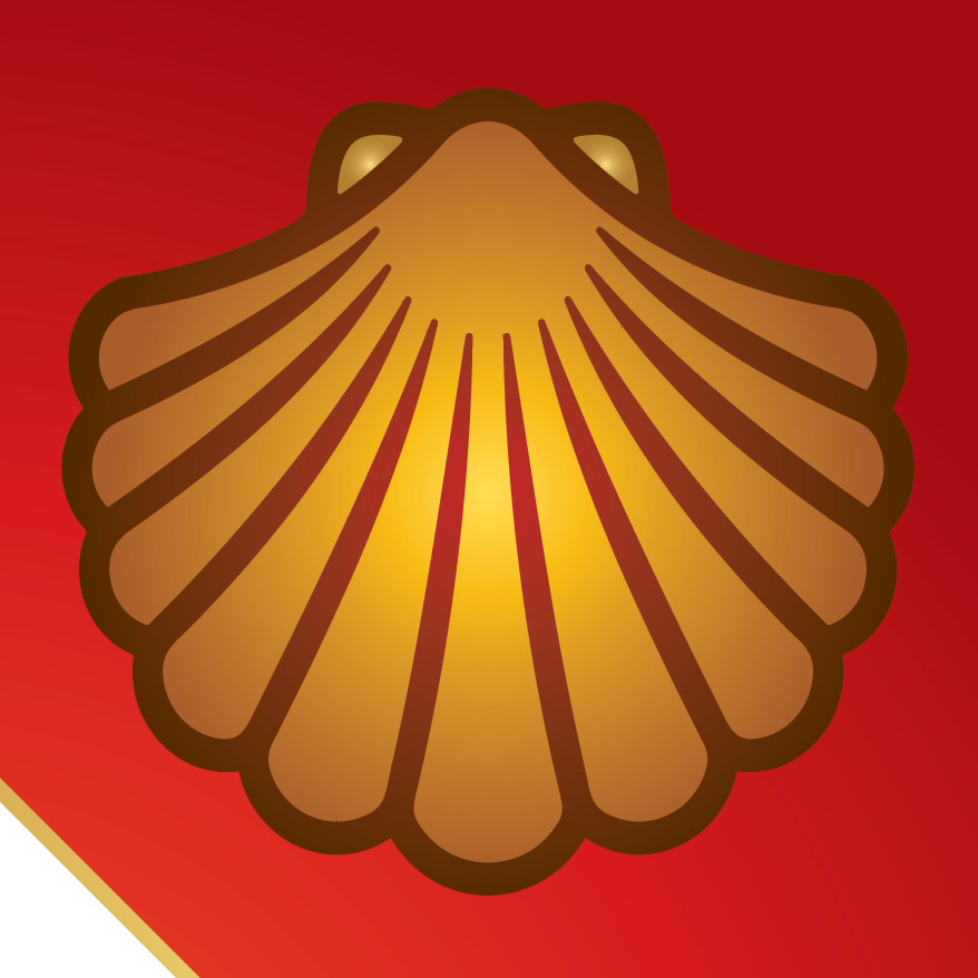 A closeup of the Aguirre family crest with clam shell in warm gold and brown tones on a red background.