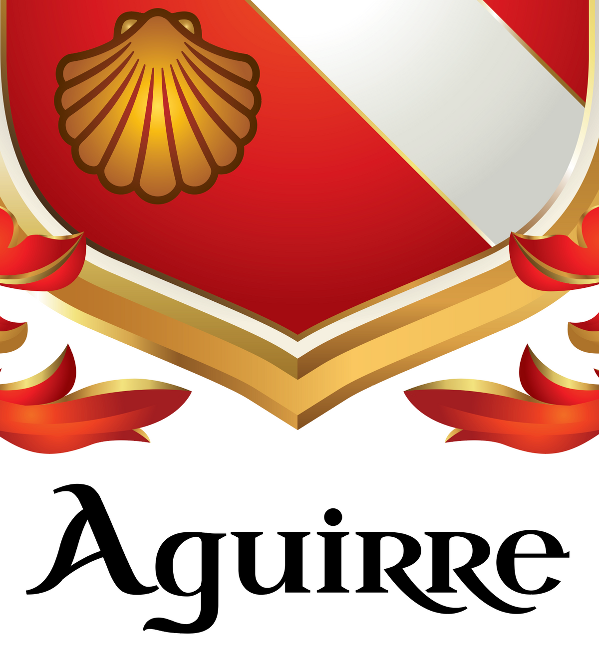 A stylized heraldic crest with a red and white shield, a gold shell emblem, red ribbon flourishes, and the word 'Aguirre' in black script below on a white background.