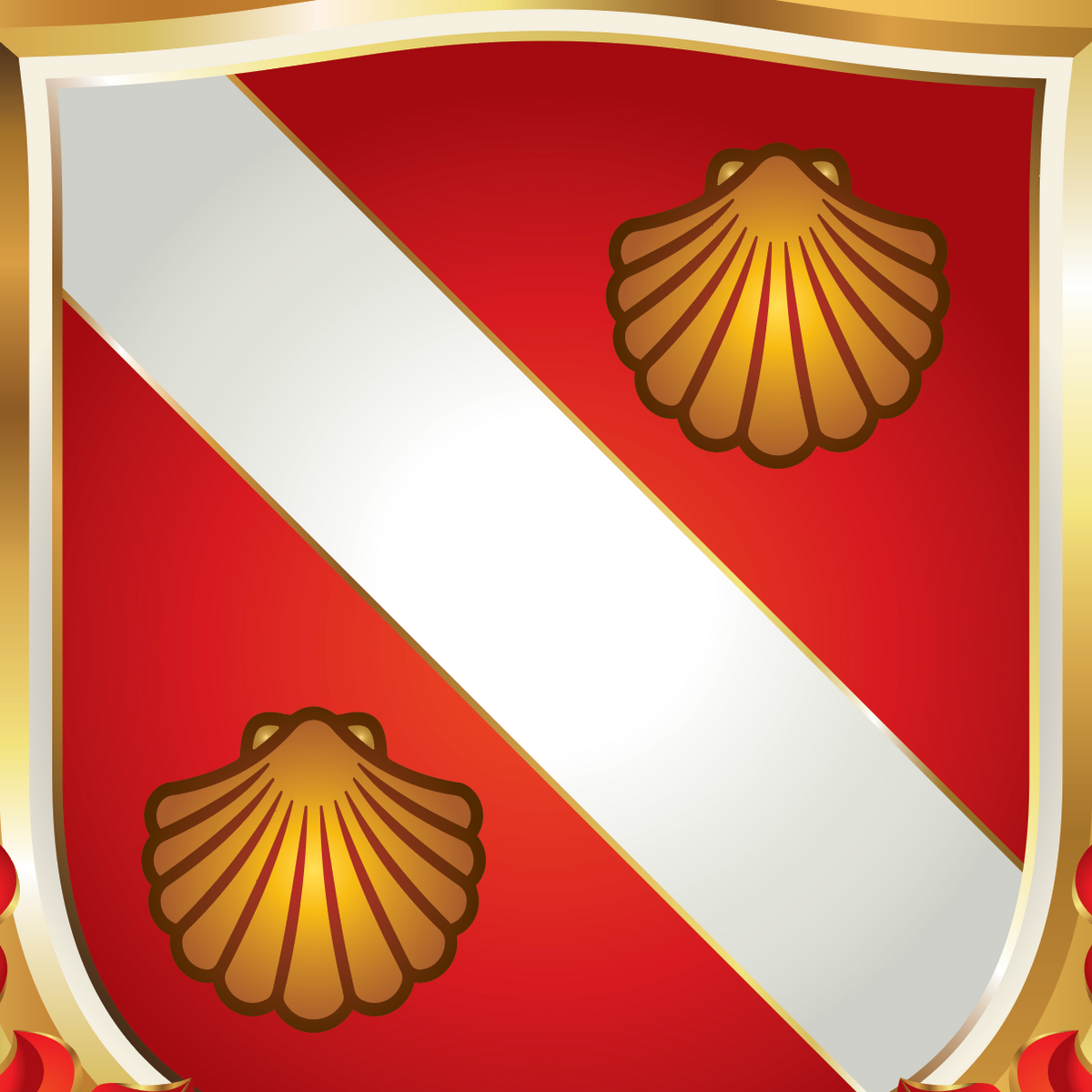 A heraldic shield design with a red field, a diagonal white stripe, two gold scallop shells, and a gold border with red ribbon accents.