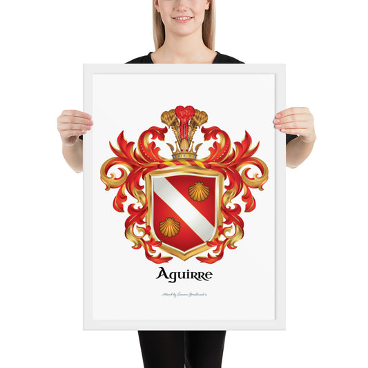 A woman holding the Aguirre Family Crest framed artprint featuring a red shield with a white band and 2 gold clam shells -Family Crests Store