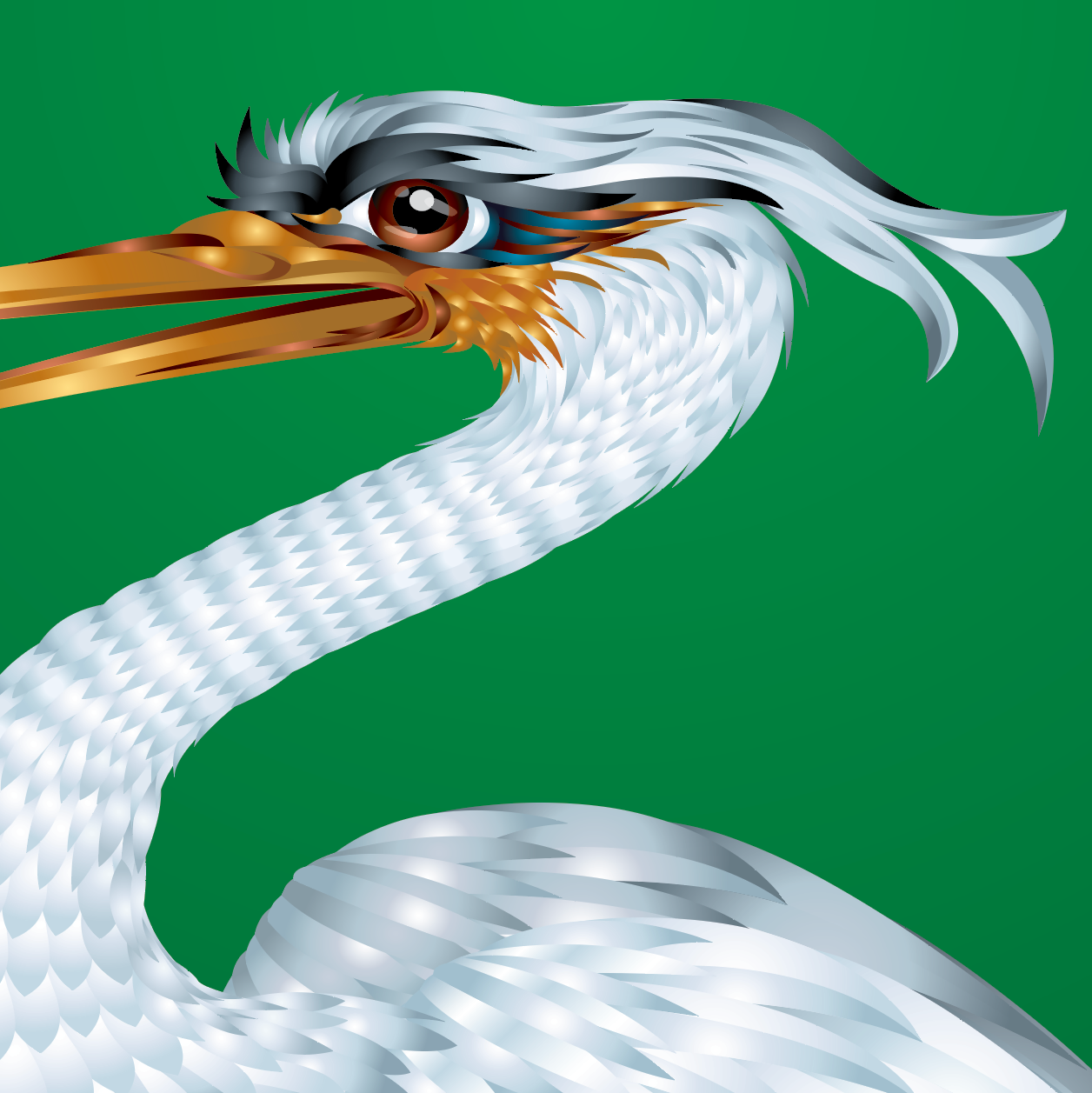 A closeup of the Ahern coat of arms showing a white heron with a long golden beak and gray crest, shown against a solid green background.
