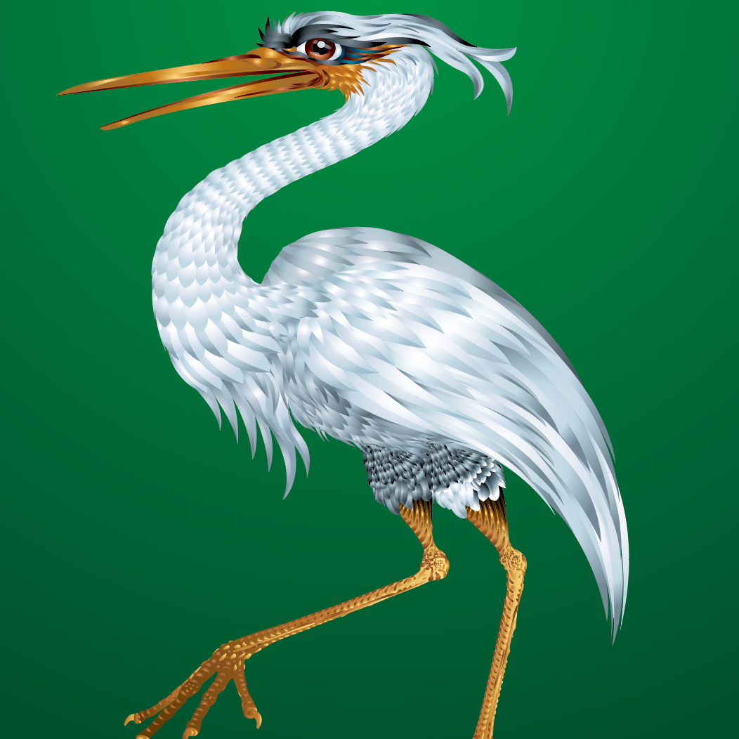 A closeup of the Ahern coat of arms showing a white heron with gold legs and beak, centered on a green background.
