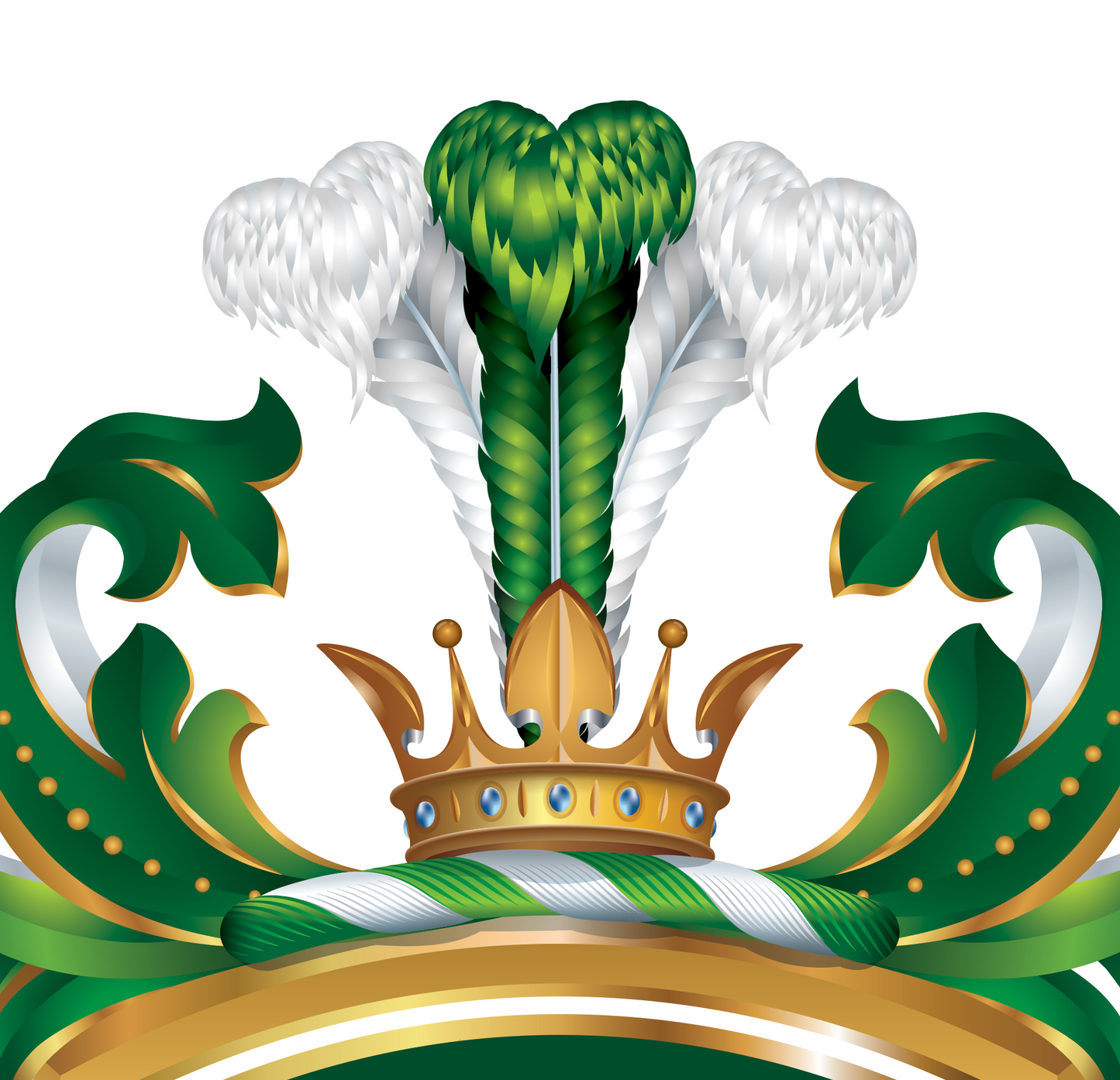 A closeup of the Ahern coat of arms showing a gold crown, green and white feathers, and green and white scrollwork on a plain white background.