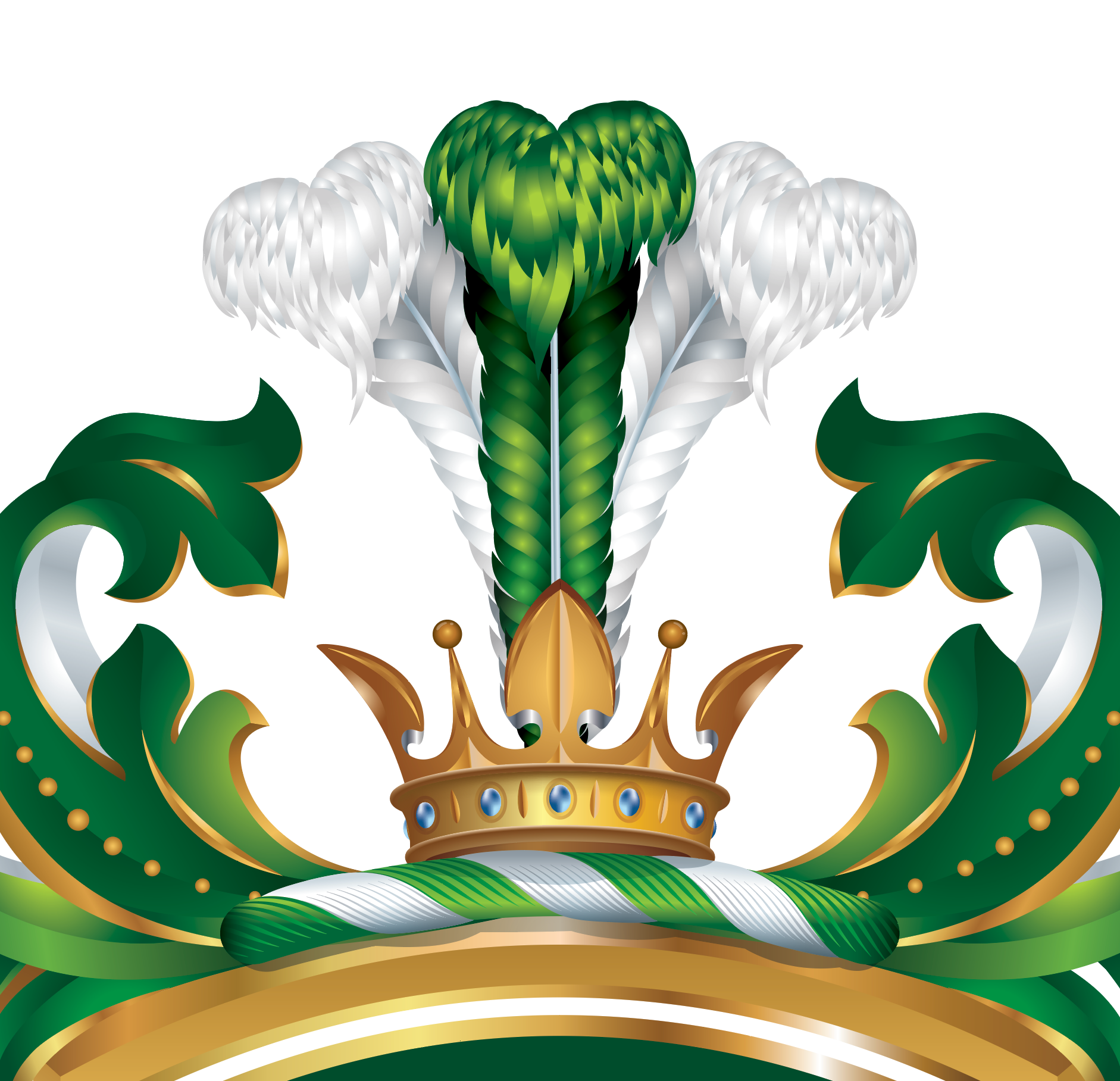 A closeup of the Ahern coat of arms showing a gold crown, green and white feathers, and green and white scrollwork on a plain white background.