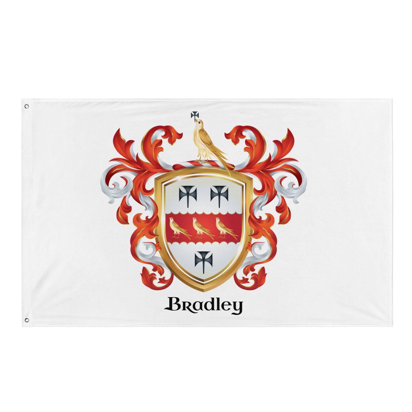 A white flag with the Bradley Family Crest featuring a white shield with 3 birds on a red band and 3 black crosses