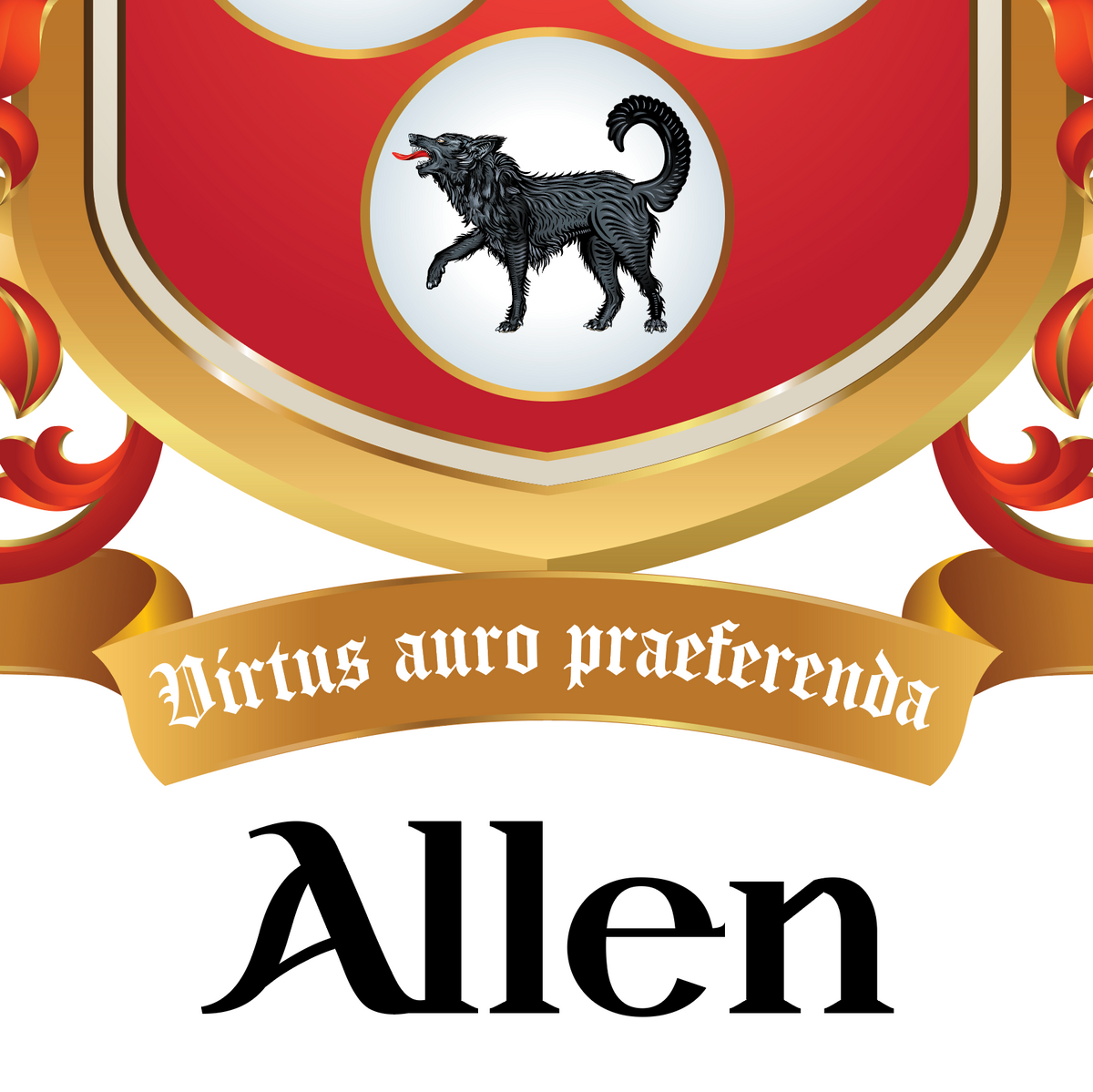 A closeup of the Allen family crest showing a red shield with a black wolf inside a gold-bordered oval, a gold motto banner reading 'Virtus auro praeferenda,' and the name 'Allen' in large black serif text below.