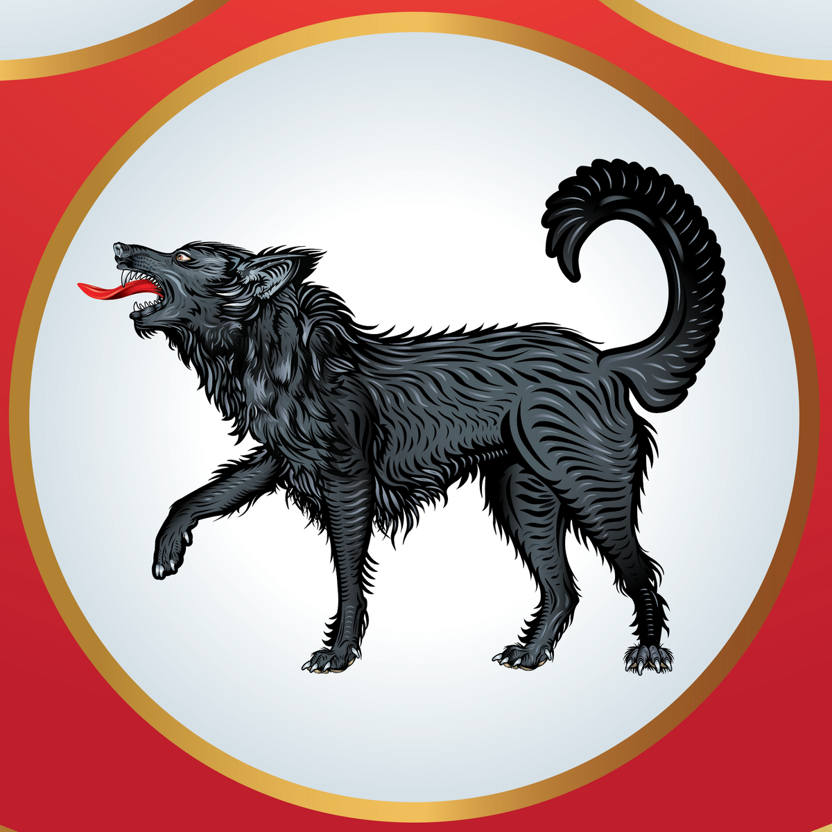 A closeup of the Allen family crest showing a black wolf with an open mouth and red tongue, centered inside a white oval with a gold border on a red background.