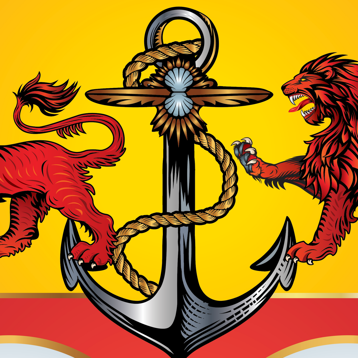 A closeup of the Allen family crest showing a large black and silver anchor wrapped with tan rope at the center, flanked by two red lions on a yellow background with a red band at the bottom.