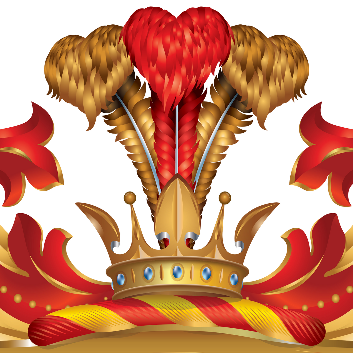 A closeup of the Allen family crest showing red and gold ostrich feathers emerging from a gold crown.