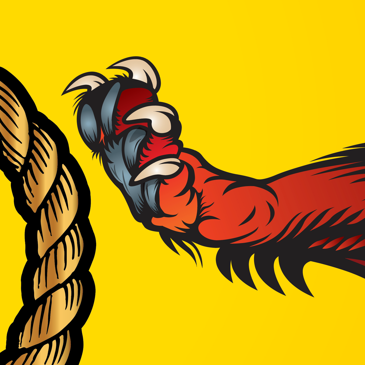 A closeup of the Allen family crest showing a red lion paw reaching toward a thick tan rope on a solid golden background.