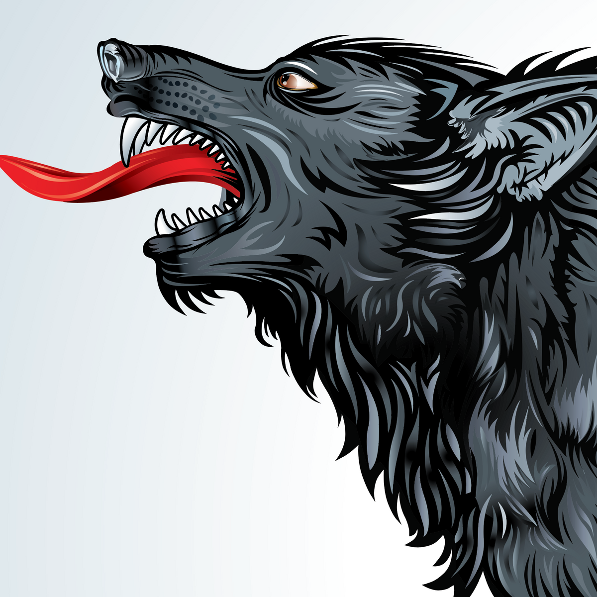 A closeup of the Allen family crest showing a snarling black wolf with a bright red tongue, shown in profile against a light gray background.