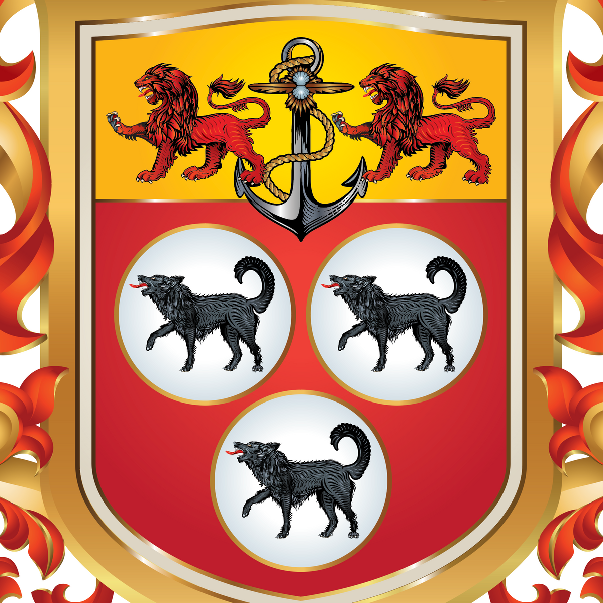 A heraldic shield design with a gold border, red lower half, yellow upper half, an anchor centered above three black dogs inside white circles, and red lions on the yellow field. The shield is framed by ornate gold and red decorative flourishes on a white background.