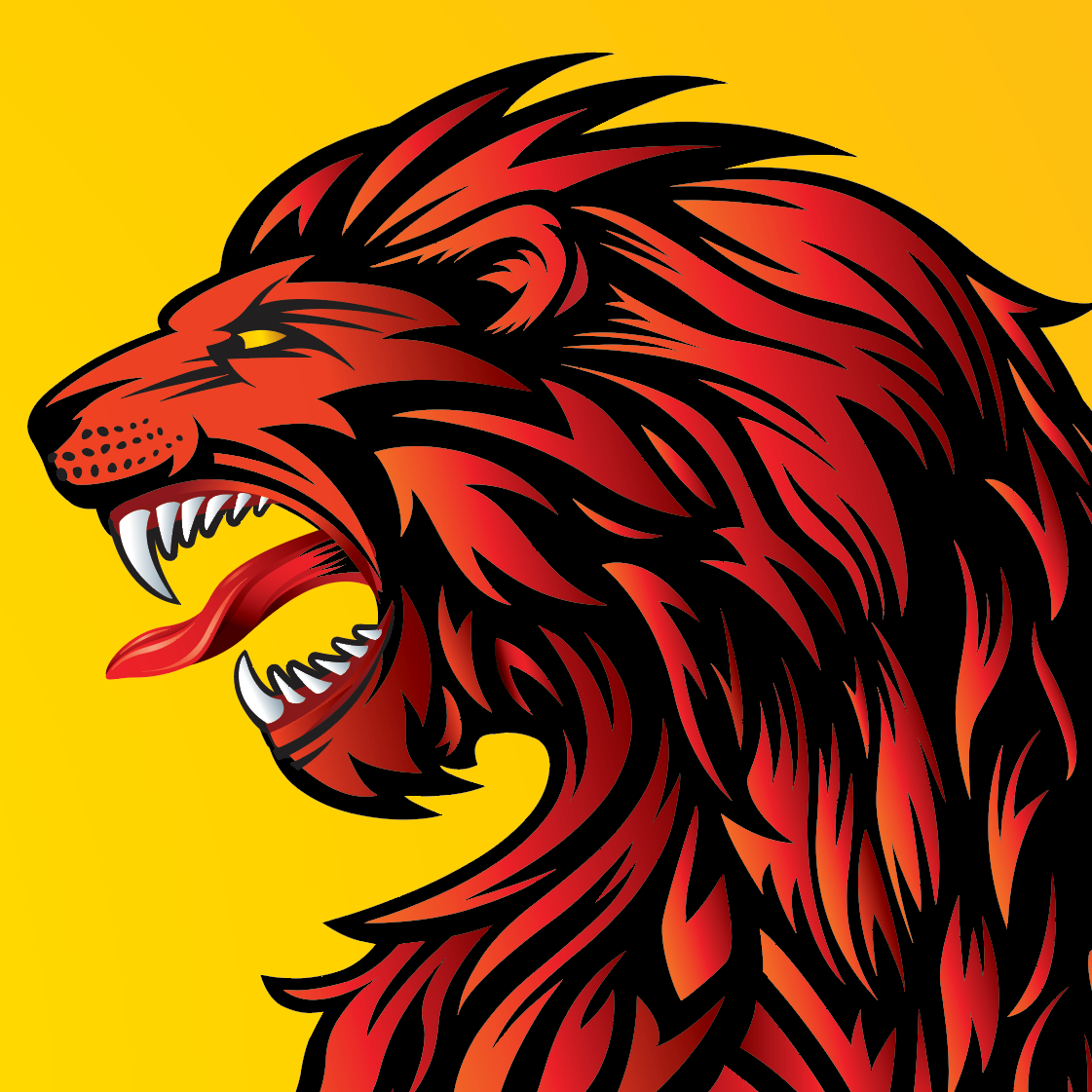 A closeup of the Allen family crest showing a roaring lion's head in red and black, set against a solid golden background.