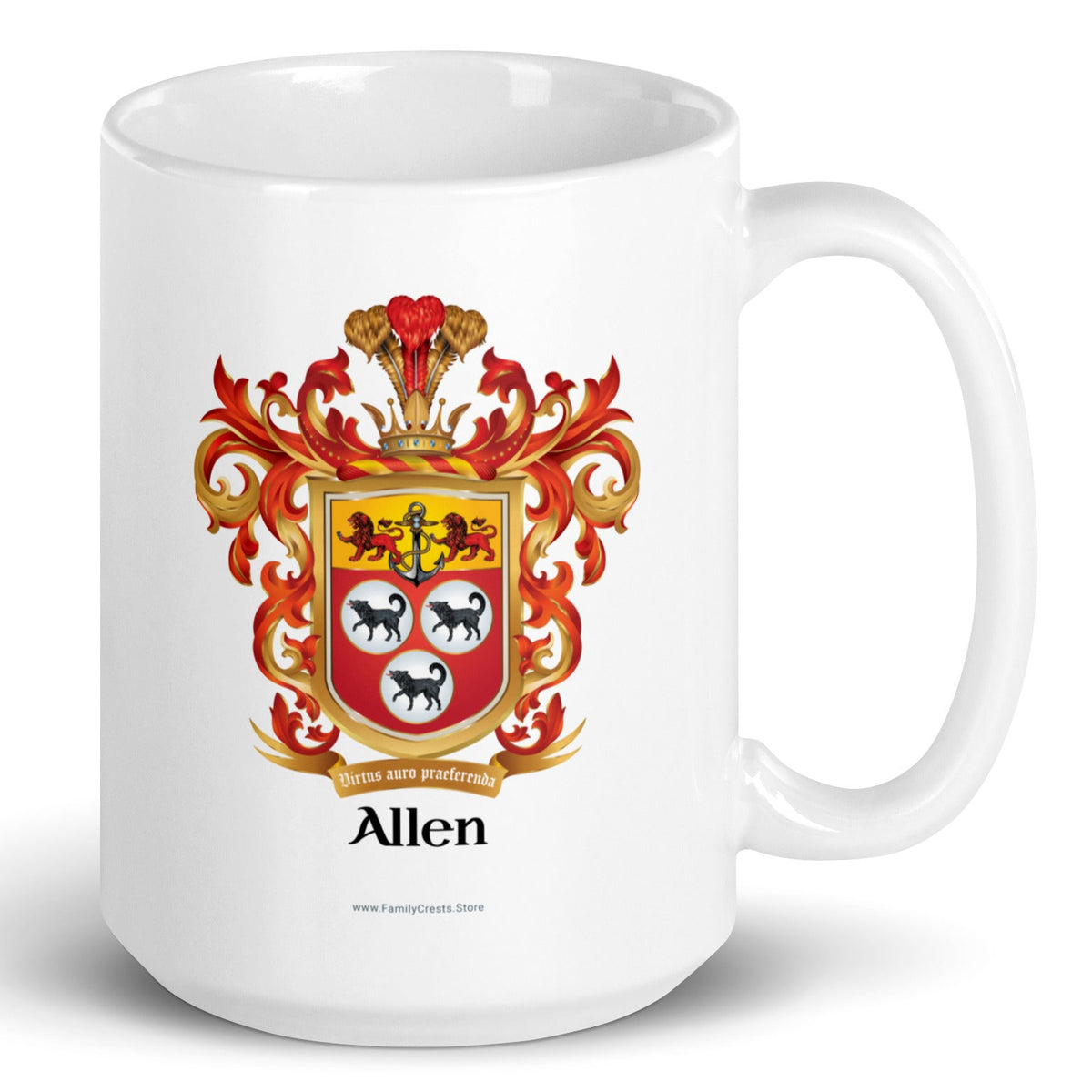 A white mug with the Allen Family Crest with 3 wolves, 2 lions and an anchor.