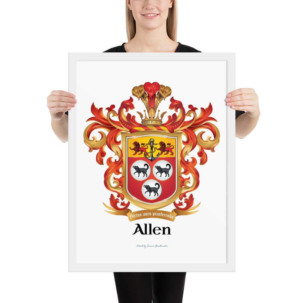 A woman holding a white framed print of the Allen Family Crest with 3 wolves, 2 lions and an anchor.