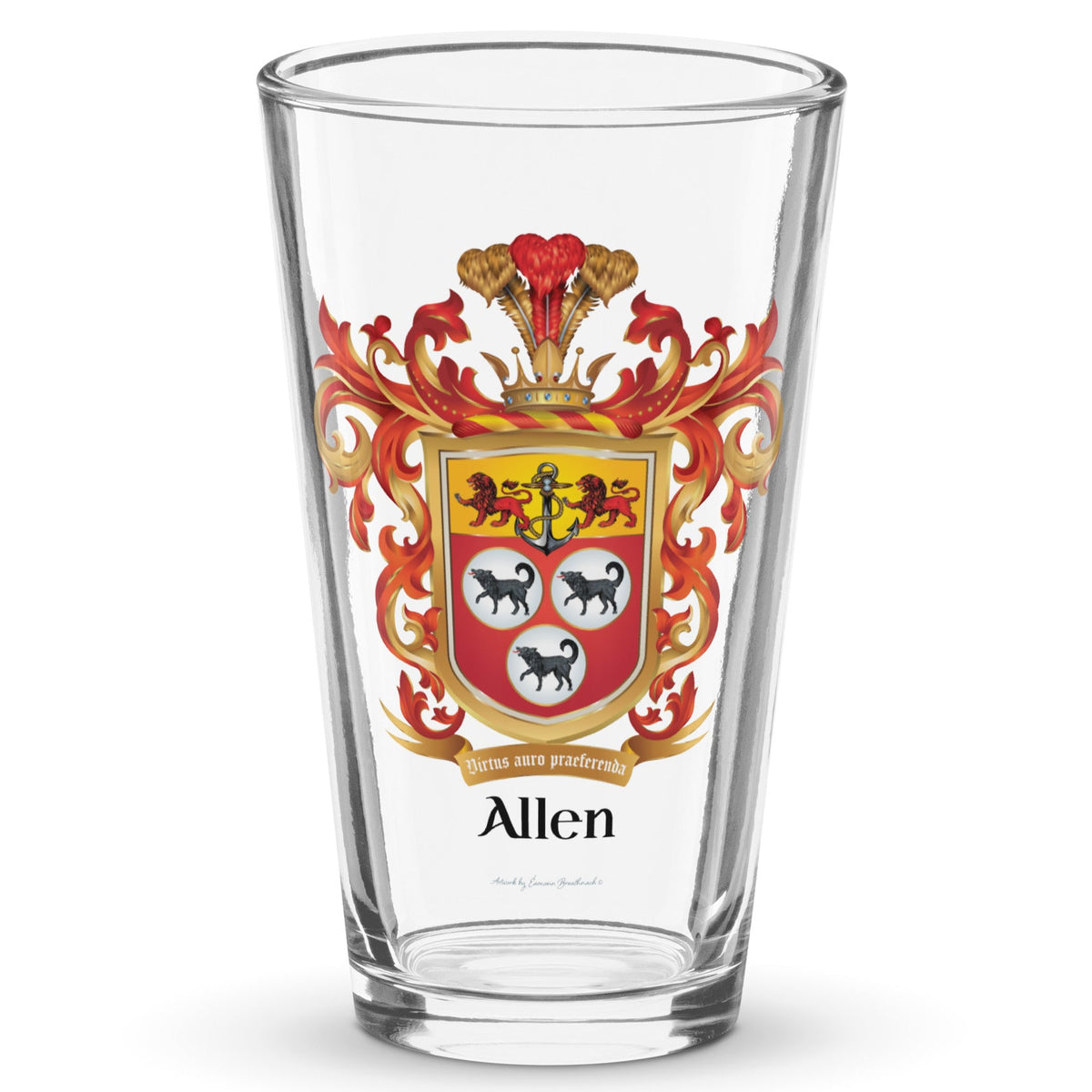 A classic clear pint beer glass with the Allen Family Crest with 3 wolves, 2 lions and an anchor.