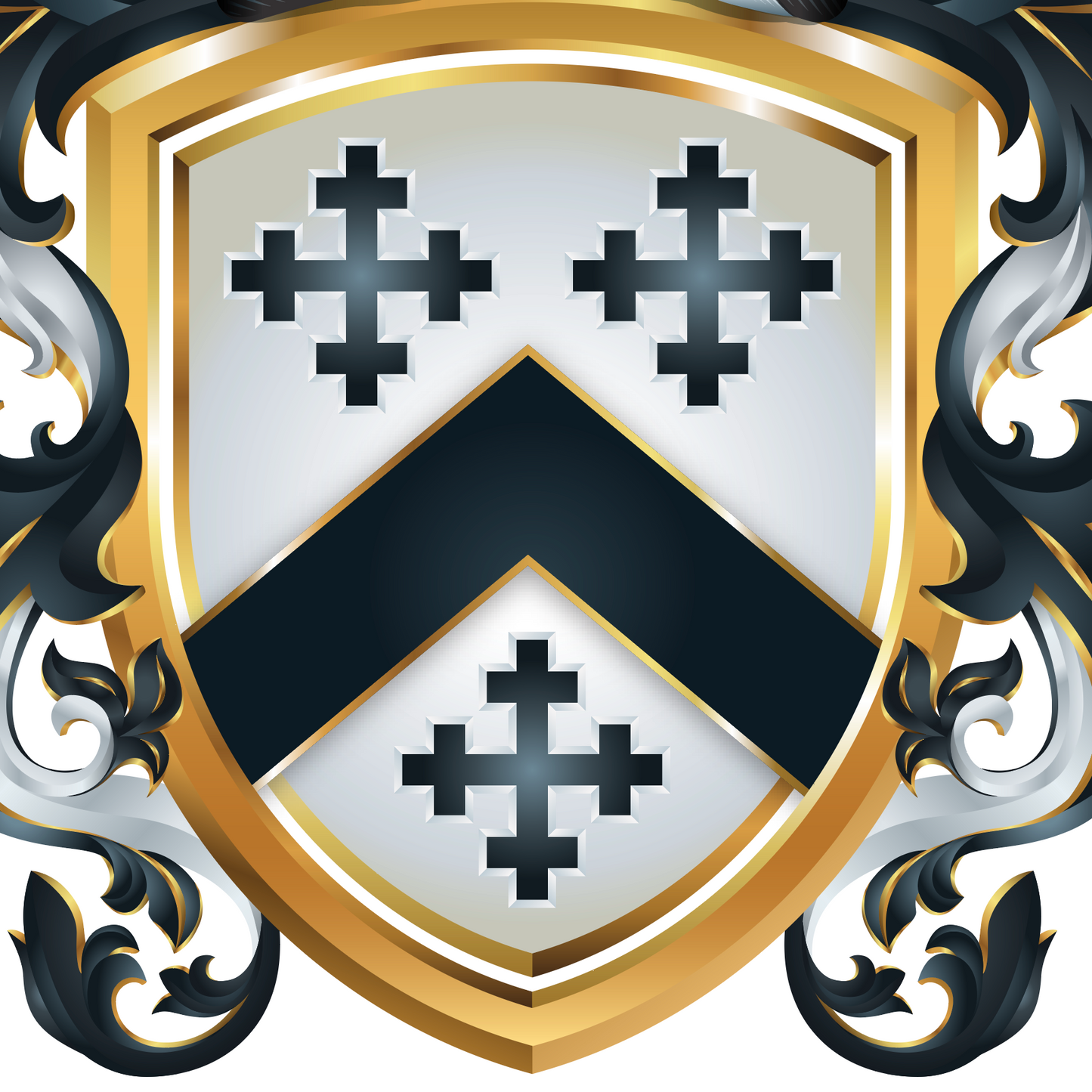 Closeup of Anderson Family Crest coat of arms with black crosses on a white background