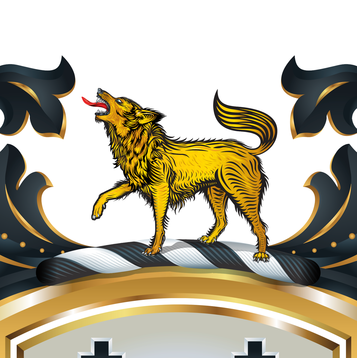 Closeup of Anderson Family Crest with gold wolf illustration on a decorative black and gold background