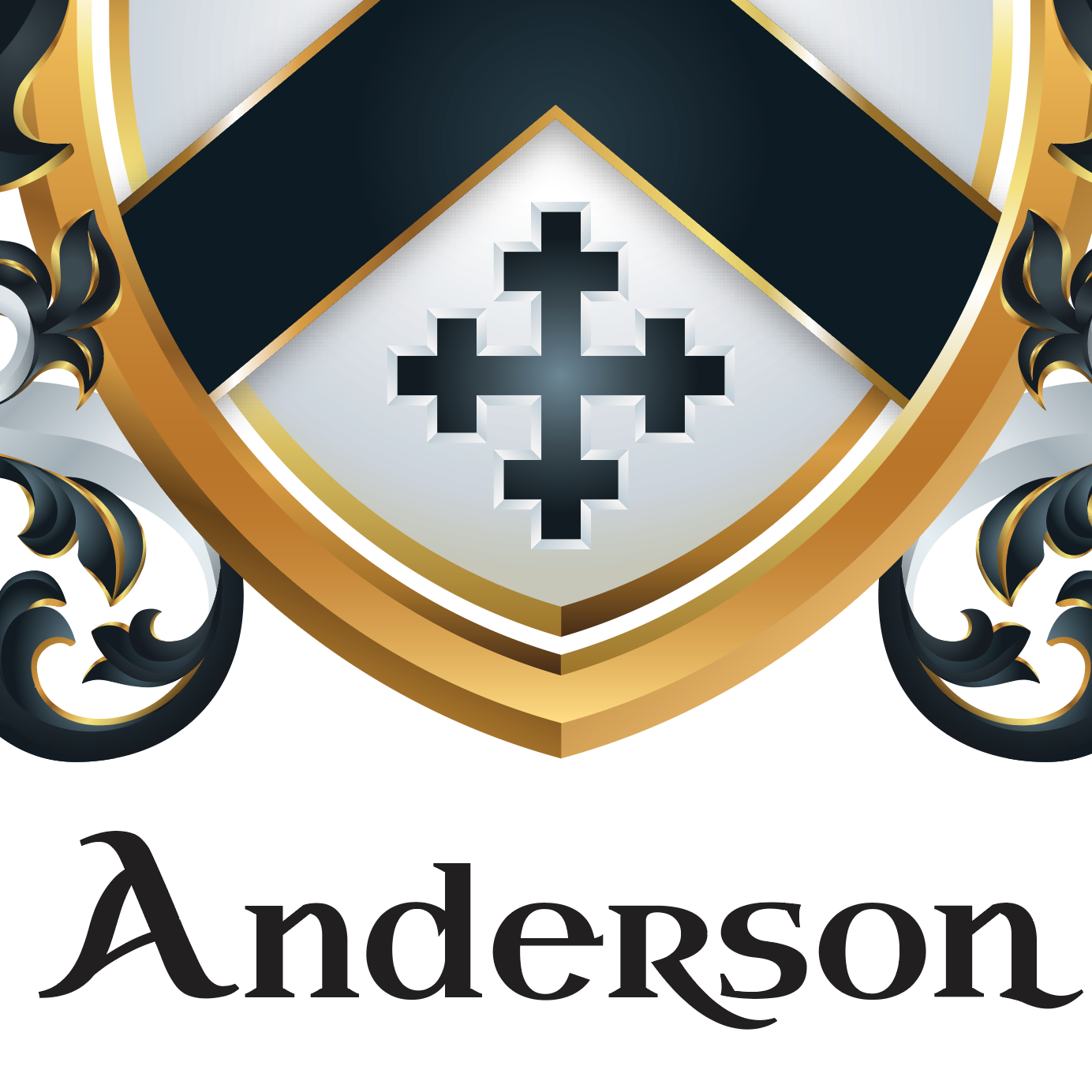 Decorative crest with cross symbol and 'Anderson' text on a white background