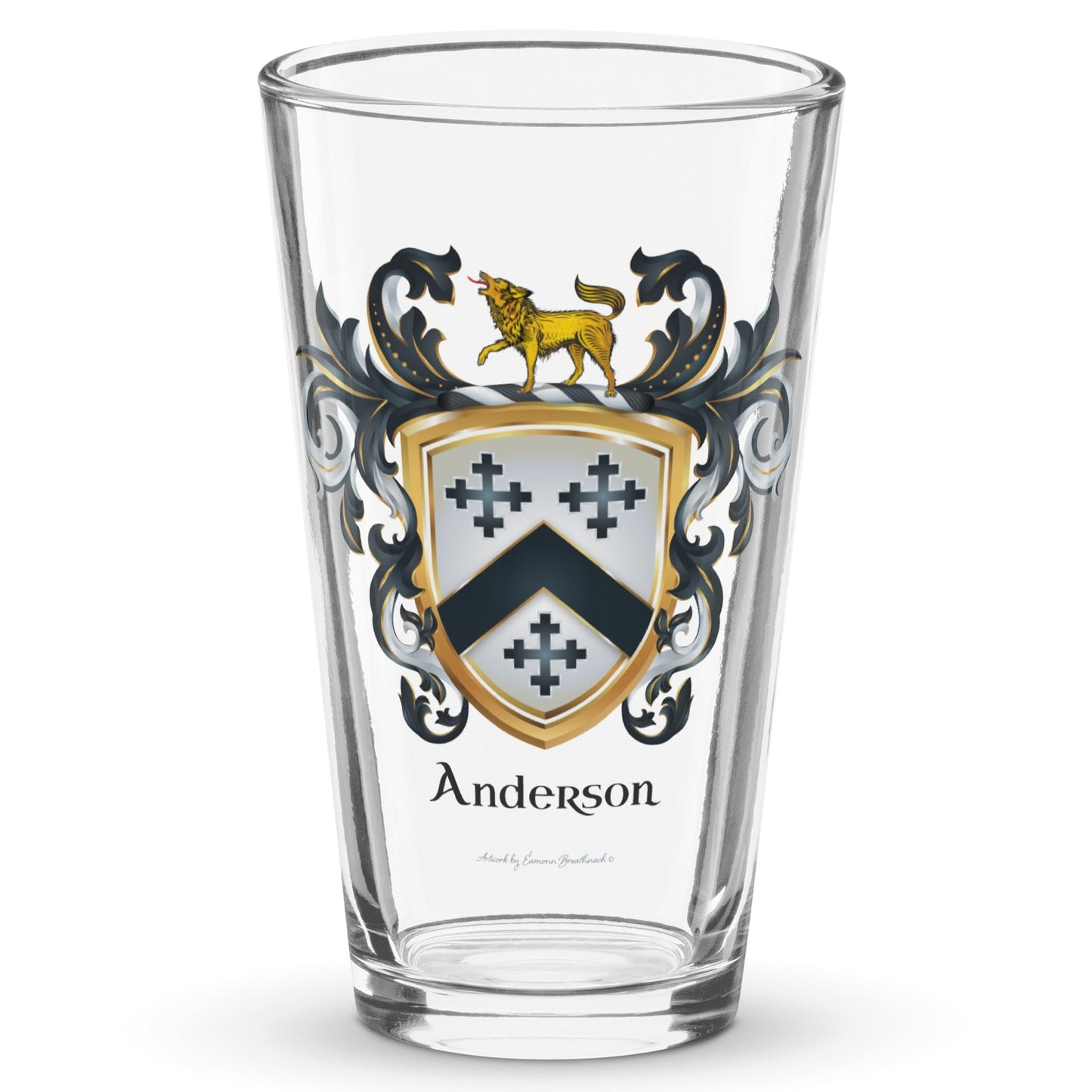 Clear pint glass with Anderson Family Crest featuring three black crosses and a black chevron on a white shield with a hound standing on thew crest of the shield