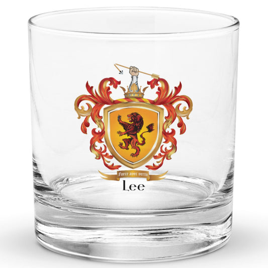 A rocks glass with the Anglo Norman Lee Family Crest with red lion on gold shield