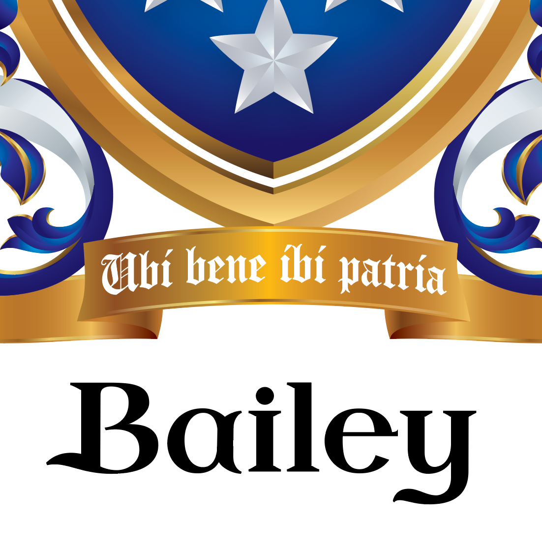 A close-up of the Bailey Family Coat of Arms showing the name in heraldic script and the motto on a gold ribbon.