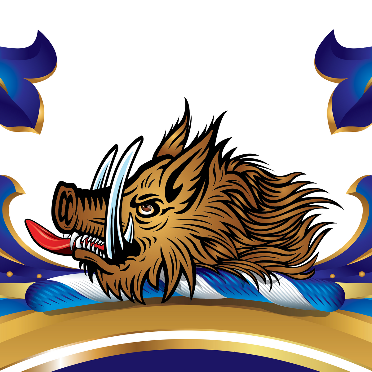 A close-up of the Bailey Family Coat of Arms of a wild boar's head with brown fur, white tusks, red tongue, positioned on a  blue-and-white crest cusion on the top or the blue shield. 