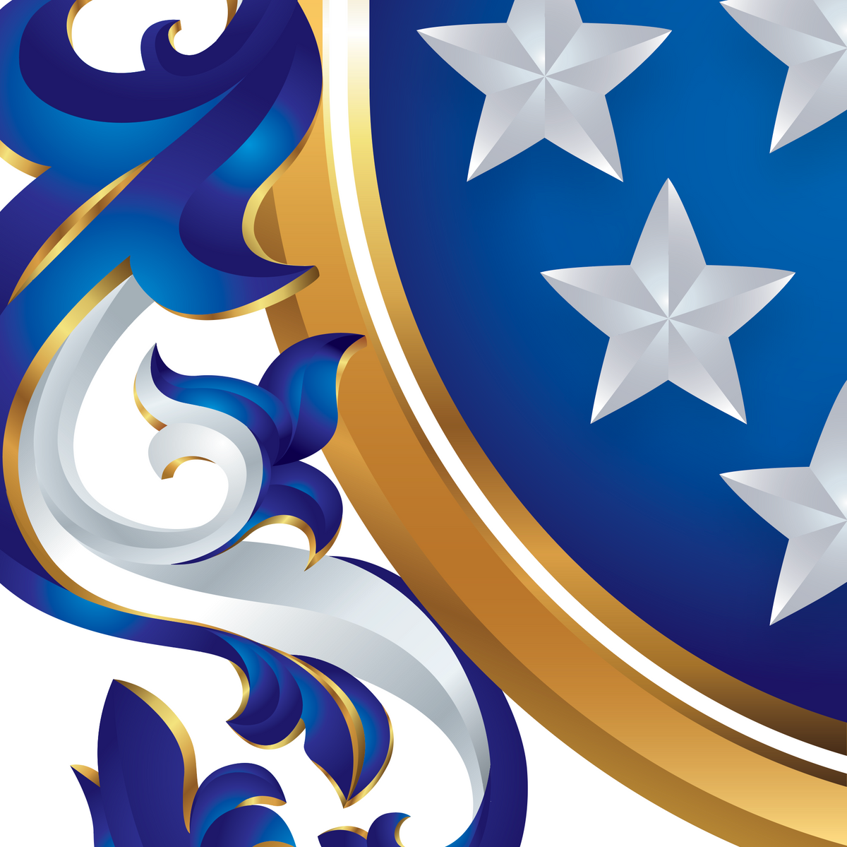 A close-up of the Bailey Family Coat of Arms. featuring a blue shield with white stars, a gold border, and ornate blue-and-white scrollwork on a white background.