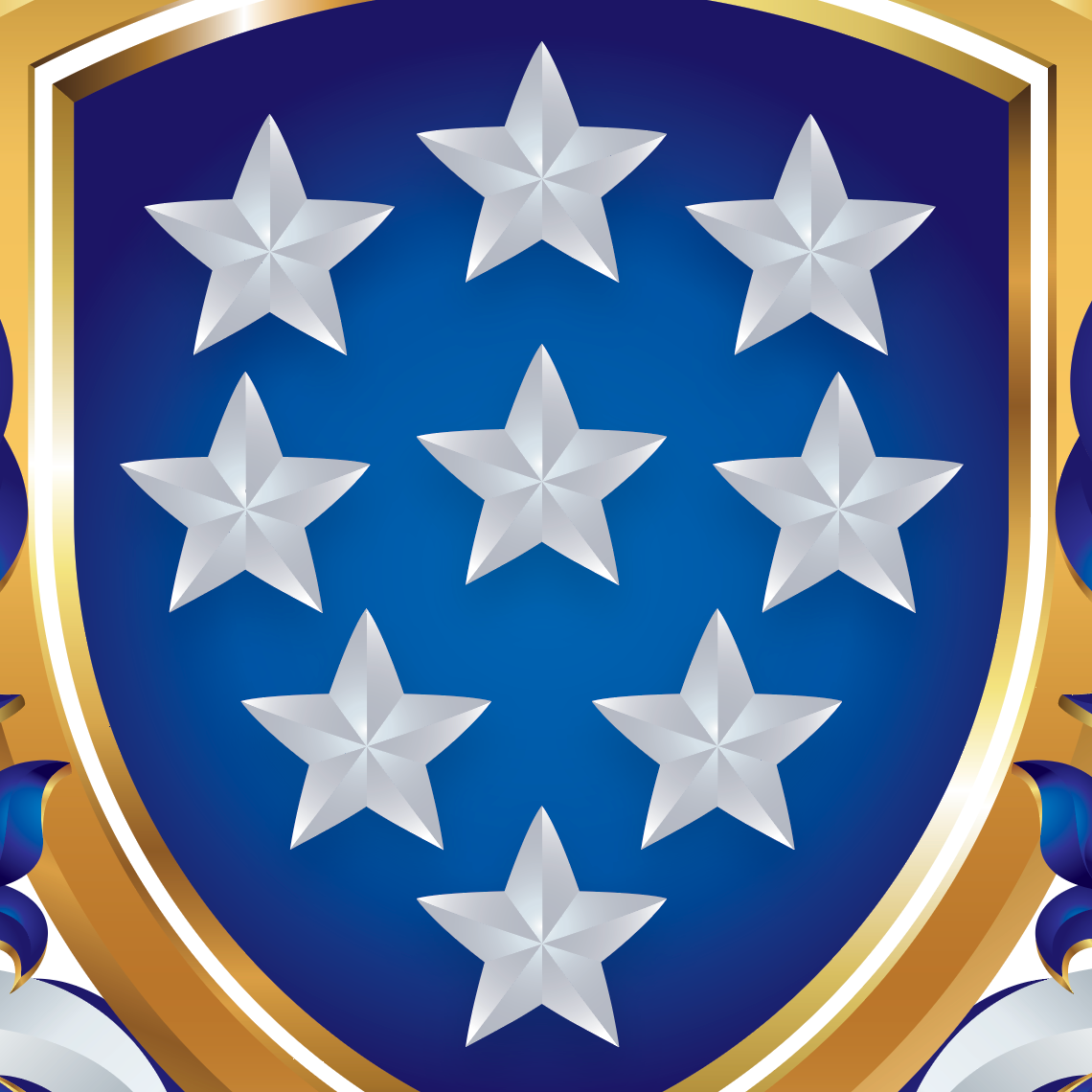 A close-up of the Bailey Family Coat of Arms with a deep blue shield, 9 silver-white stars arranged in three rows, a gold border, and ornate blue and white scrollwork on the sides.