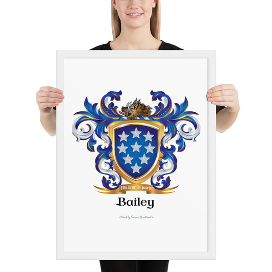 A woman standing in a white background, holding a white framed print of the Bailey Family Crest framed artprint featuring a blue shield with 9 white stars and a boar’s head on the crest of the shield.