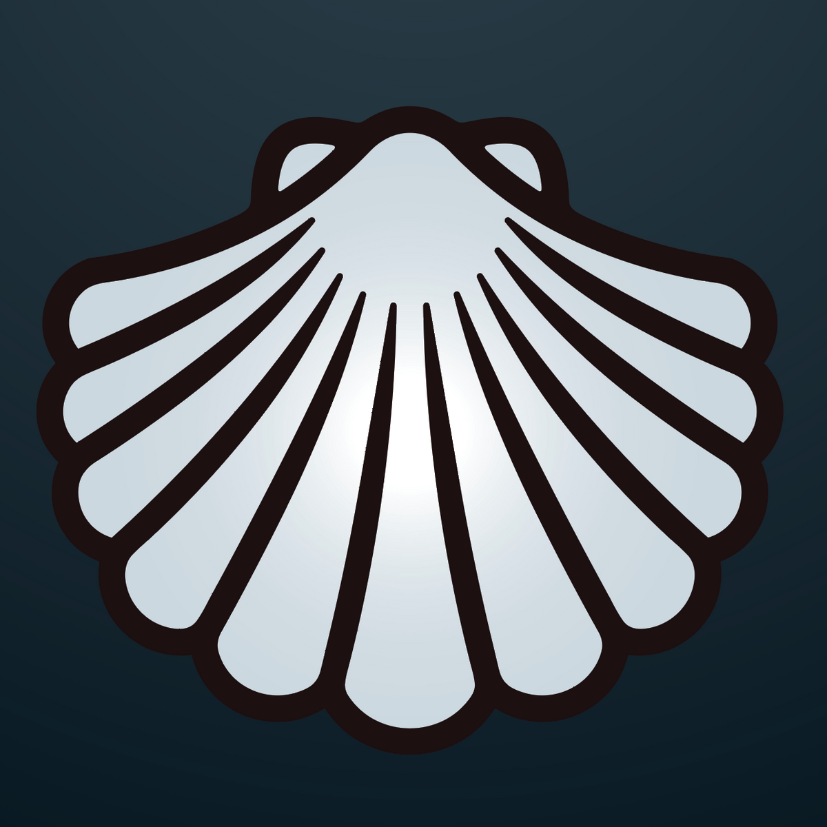 A close up of the Baker Family Crest featuring a white scallop shell icon with a dark outline on a dark black-grey gradient background.