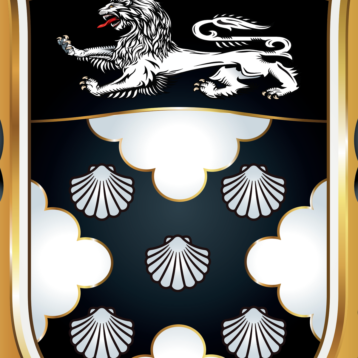 A close up of the Baker Family Crest shield with shells and lion