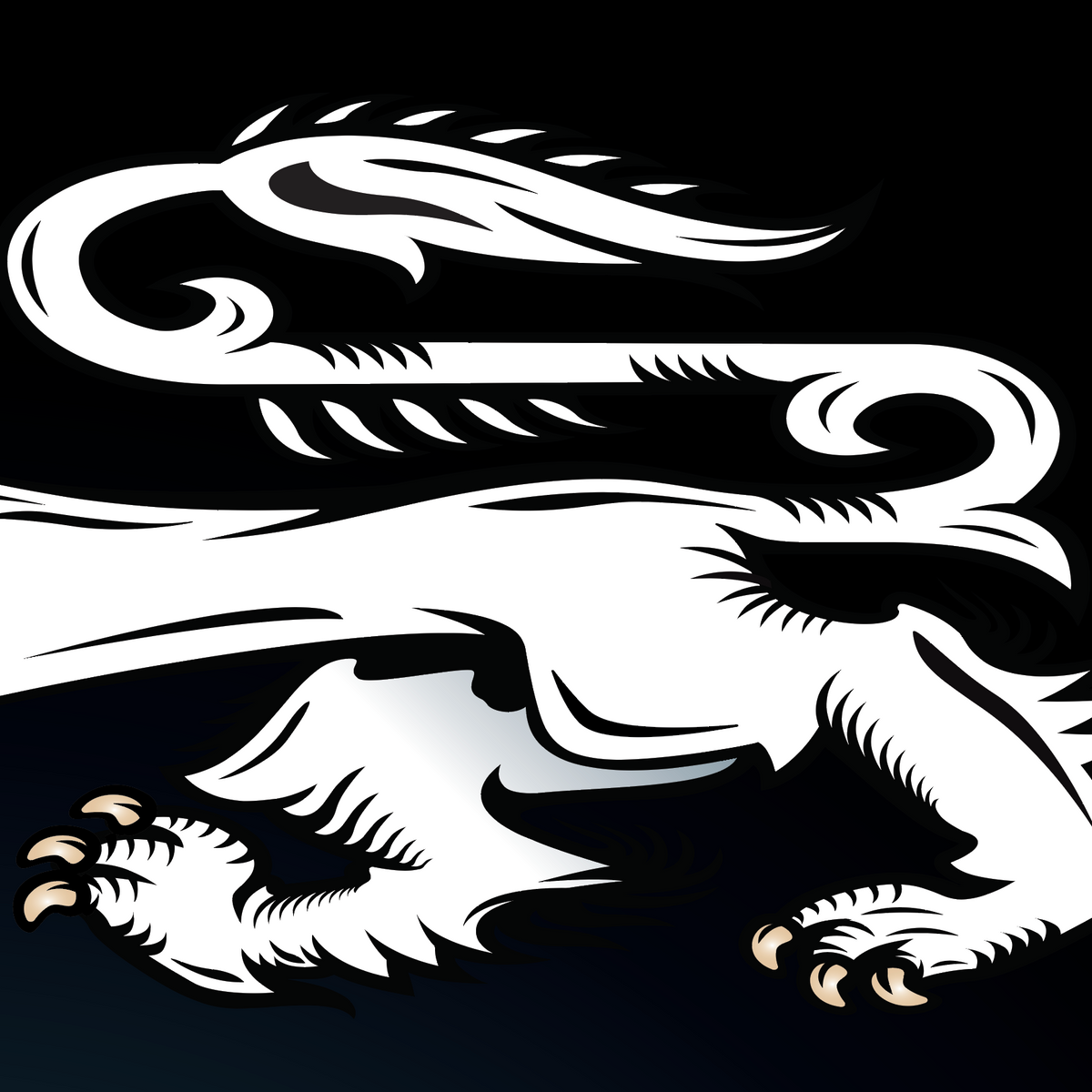 A close up of the Baker Family Crest featuring a white lion's back legs and tail on black background.