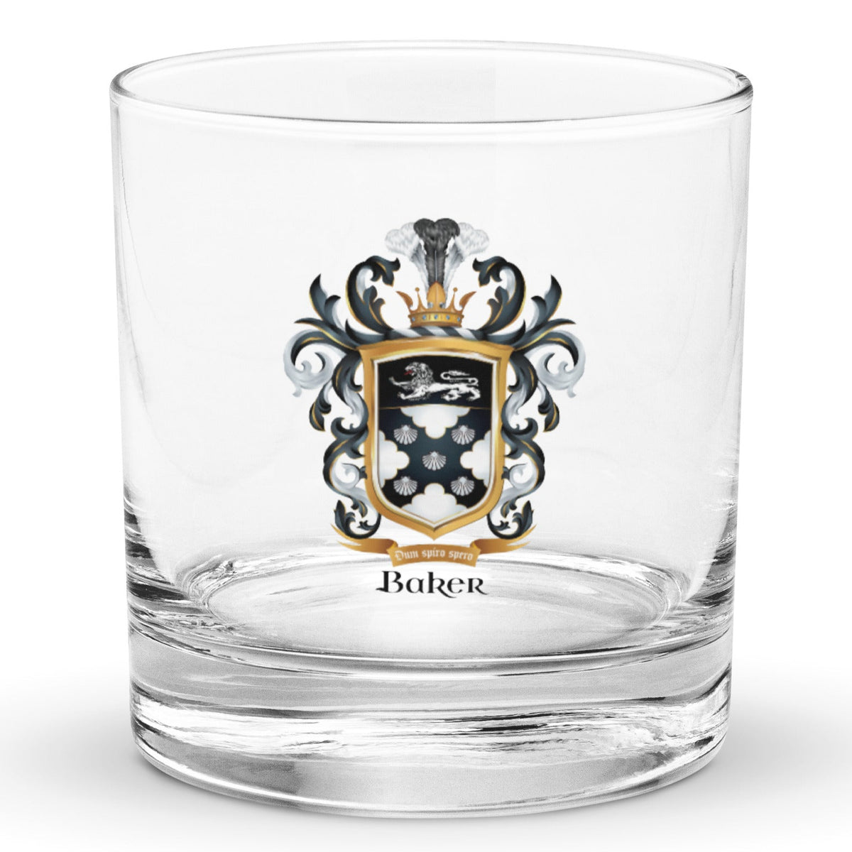 A classic rocks glass with the Baker Family Crest printed on it featuring 5 shells, and a white lion.