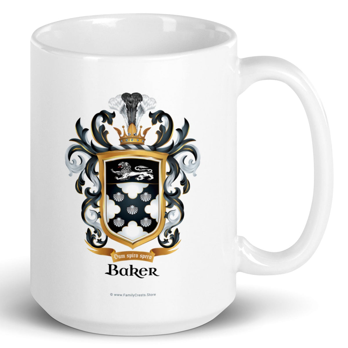 A white mug with the Baker Family Crest printed on it featuring 5 shells, and a white lion.