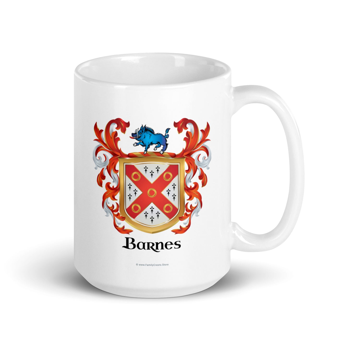A white mug on a white backgrounf witha a Barnes Family Crest on the front