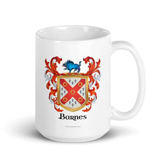A white mug on a white backgrounf witha a Barnes Family Crest on the front